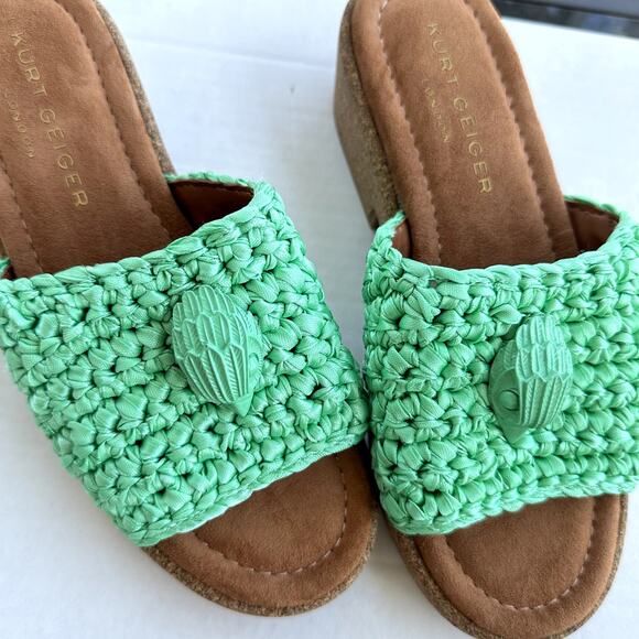 NEW Kurt Geiger Eagle Cork Slide Sandals Aqua Green Woven EU 36.5 US 6 Beachy - Picture 1 of 9